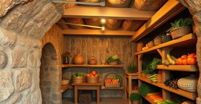 Interior of a rustic root cellar with insulated walls, showcasing various moisture control technique