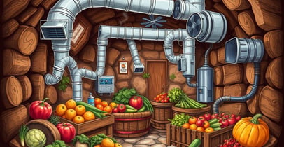  Illustration of a root cellar ventilation system, showcasing air ducts, fans, and natural air flow.