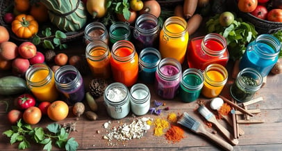 A vibrant assortment of jars filled with homemade natural paints in various colors,