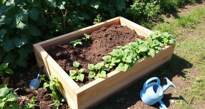 Potato box setup in a lush garden, showcasing wooden planks stacked for elevation.