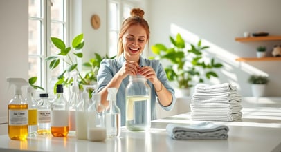 A woman with an array of homemade cleaning products in a kitchen.