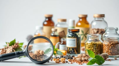 An assortment of herbal supplements in elegant glass bottles and jars.