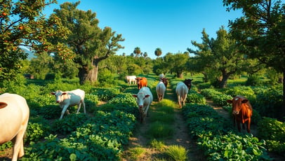 Livestock grazing in a vibrant food forest ecosystem, lush greenery interspersed with fruit trees an