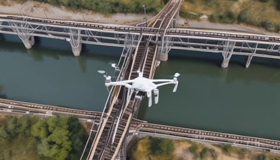 A drone with multiple rotors is flying against a bright white background. The structure of the drone is visible, showing intricate machinery and a mounted camera. Sunlight reflects off its metal parts, creating a lens flare effect.