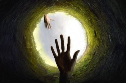 a hand reaching up for help ftom bottom of a well. Another hand reaching down to help them.