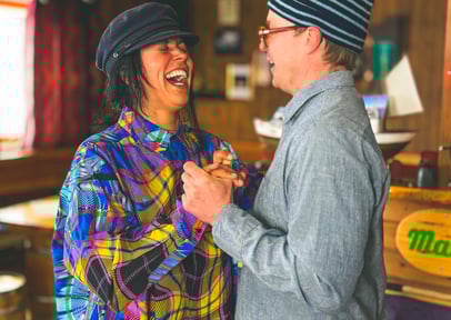Maria and Ulrik dancing salsa in a pub in the Lyngen Alps | ski and sail in Norway
