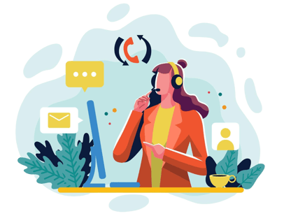 An illustration of a woman answering calls, emails and other communication types