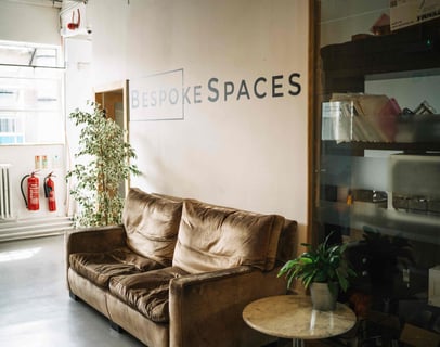 a couch in a room with a plant in the background