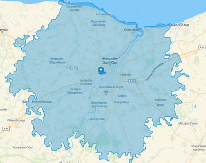 Carte de la zone d’intervention de BnB Propreté à Caen et dans un rayon de 25 km