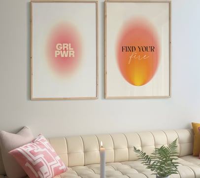 2 Aura Glow by Noor's Notes large scale format wall prints framed on the wall in a minimalistic feminine lounge living room.