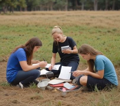 A group of young people gathered together outdoors in front of a building, holding a blue flag with the Earth on it and the words 'PHS Global Ecology.' The group appears cheerful and diverse, standing closely together.