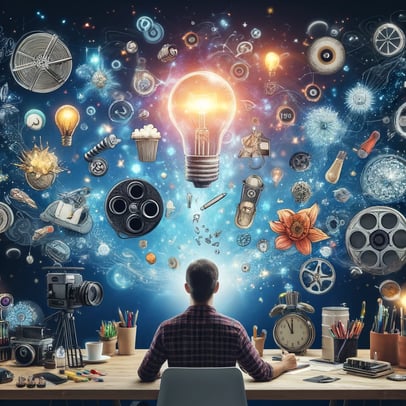 Videografen, der von Symbolen der Innovation umgeben ist, was die grenzenlosen Möglichkeiten im Storytelling hervorhebt