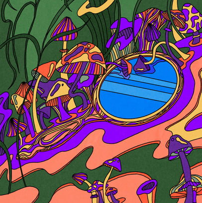 a colorful abstract painting of a mirror around mushrooms