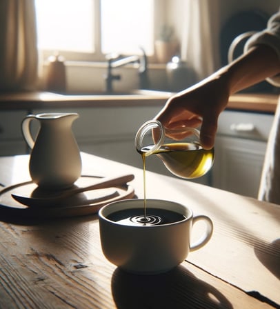 Das Bild zeigt eine Person, die Olivenöl in eine Tasse Kaffee träufelt, was eine unkonventionelle Ar