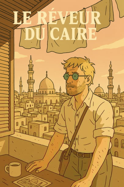 Cover of the graphic novel The Dreamer of Cairo: a bearded man in a shirt gazes at Cairo from a balc