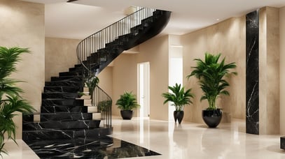 black marble stair case design | spiral stairs | luxury black granite | beige and black interior | royal interior design