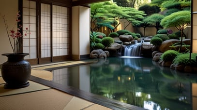 Japanese patio design | Indoor gardens | interior design | water fall | house designing
