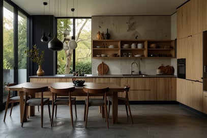 a small functional modern kitchen design | wooden dinning and cabinets | Japandi style
