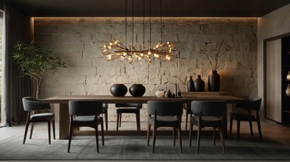 wooden dinning table with black stone vases with a classic pendant light | rustic stone feature wall | inviting dinning room