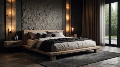 wooden bed with stone decor bedroom design | rustic and modern interiors| functional bedroom close to nature