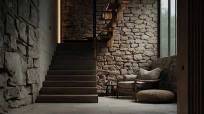 sitting in stairs nook , Traditional wooden chair , Favorite place to sit.