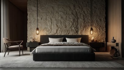 modern rustic bedroom design | natural stone accent wall | luxury living close to nature