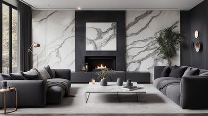 high end living room design | modern interiors grey and white combination | focal point : white marble accent wall