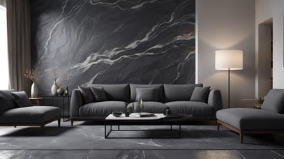 Modern grey living room interior design | focal point : grey marble feature wall | elegant and relaxing