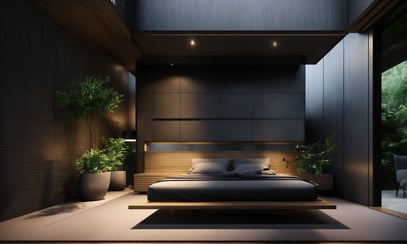 high end bedroom interior design | dark grey and wood | modern sleek bed | luxury interiors | luxury living