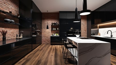 Modern black and white kitchen design | industrial style brick wall interior design
