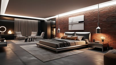 Modern interior design | industrial style bedroom with brick wall as a focal point