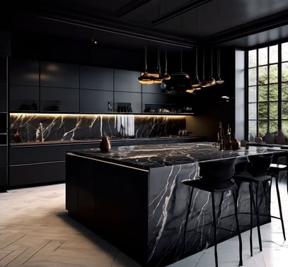 Black kitchen design | luxury black marble | beautiful kitchen island
