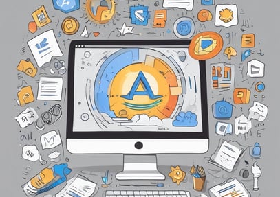 A black and white image of a laptop on a desk displaying a design software with a simple line illustration. There are two monitors in the background and a keyboard on the desk. Papers with printed text are partially visible in the foreground.