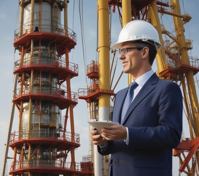 A man in a suit and tie is posing next to a large industrial turbine or engine component. The setting appears professional and technical, with a focus on machinery.