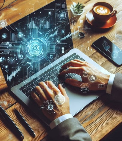 Hands typing on a laptop keyboard with a screen highlighting stock market growth and positivity