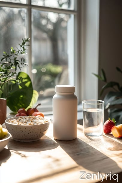 bright breakfast table with Supplements, berries, and oats-evoking gut-friendly daily habits