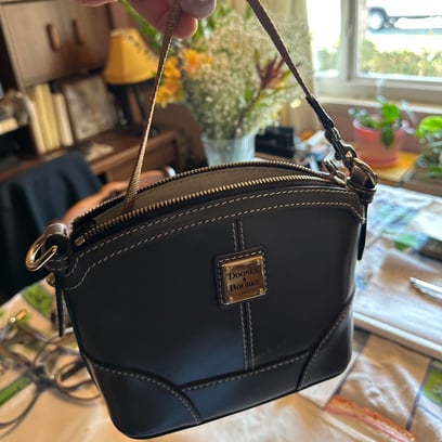 Brown leather bag with magnetic closure, featuring a Dooney and Bourke design