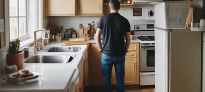 a man standing in a kitchen with a stove top