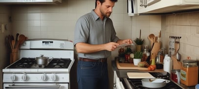 a man in a kitchen with a stove top