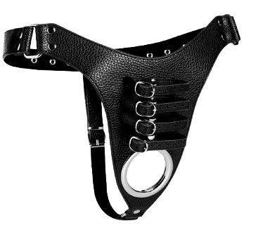 a leather chastity harness with buckels and straps and a chrome ring for testicles to be exposed