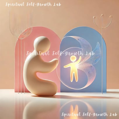 a man kneeling down to an enlighten child-self 