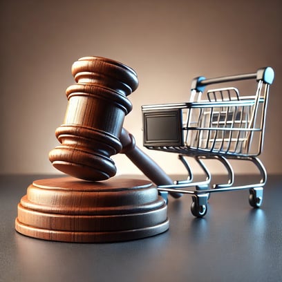 Martelo da justiça e carrinho de compras - Direito do Consumidor