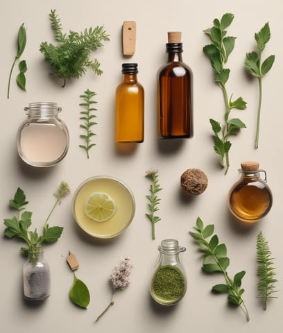 Diferentes plantas y frascos oscuros con remedios naturales caseros