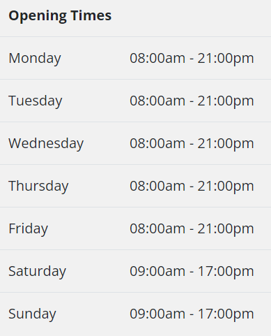 a list of opening hours