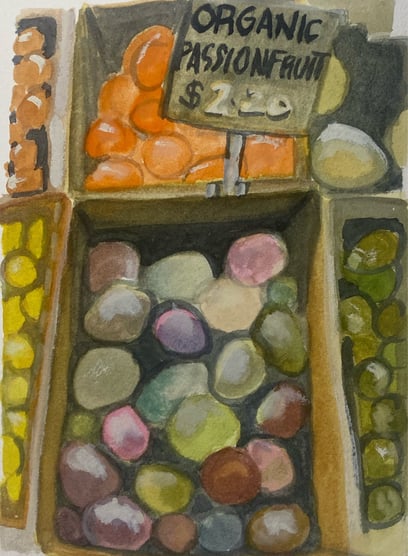 Organics at the Mill Market August 2024. watercolour and ink on cotton rag