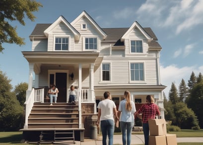 a group of people moving boxes into a house