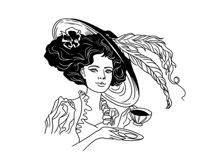 Black and white illustration, woman with elaborate hat, art deco style, fashion sketch