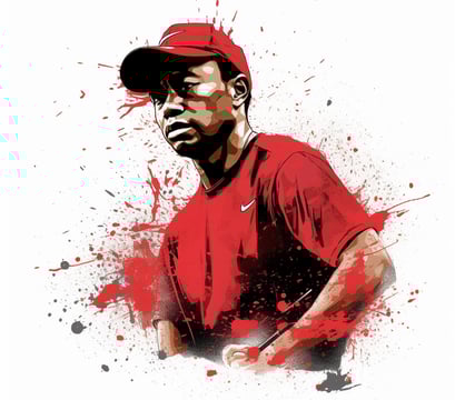 a man in a red shirt and a baseball cap