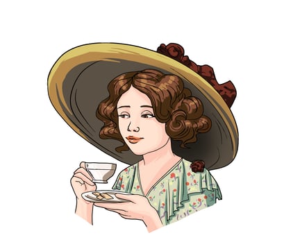Elegant sketch, woman in hat, holding teacup, vintage style, watercolor