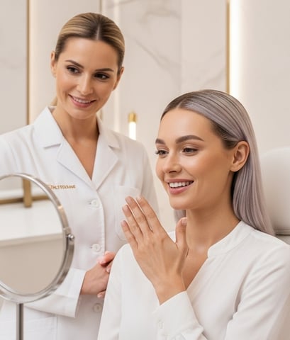 indicating the patient's satisfaction with her facial cosmetic surgery results at Esteticyana Clinic